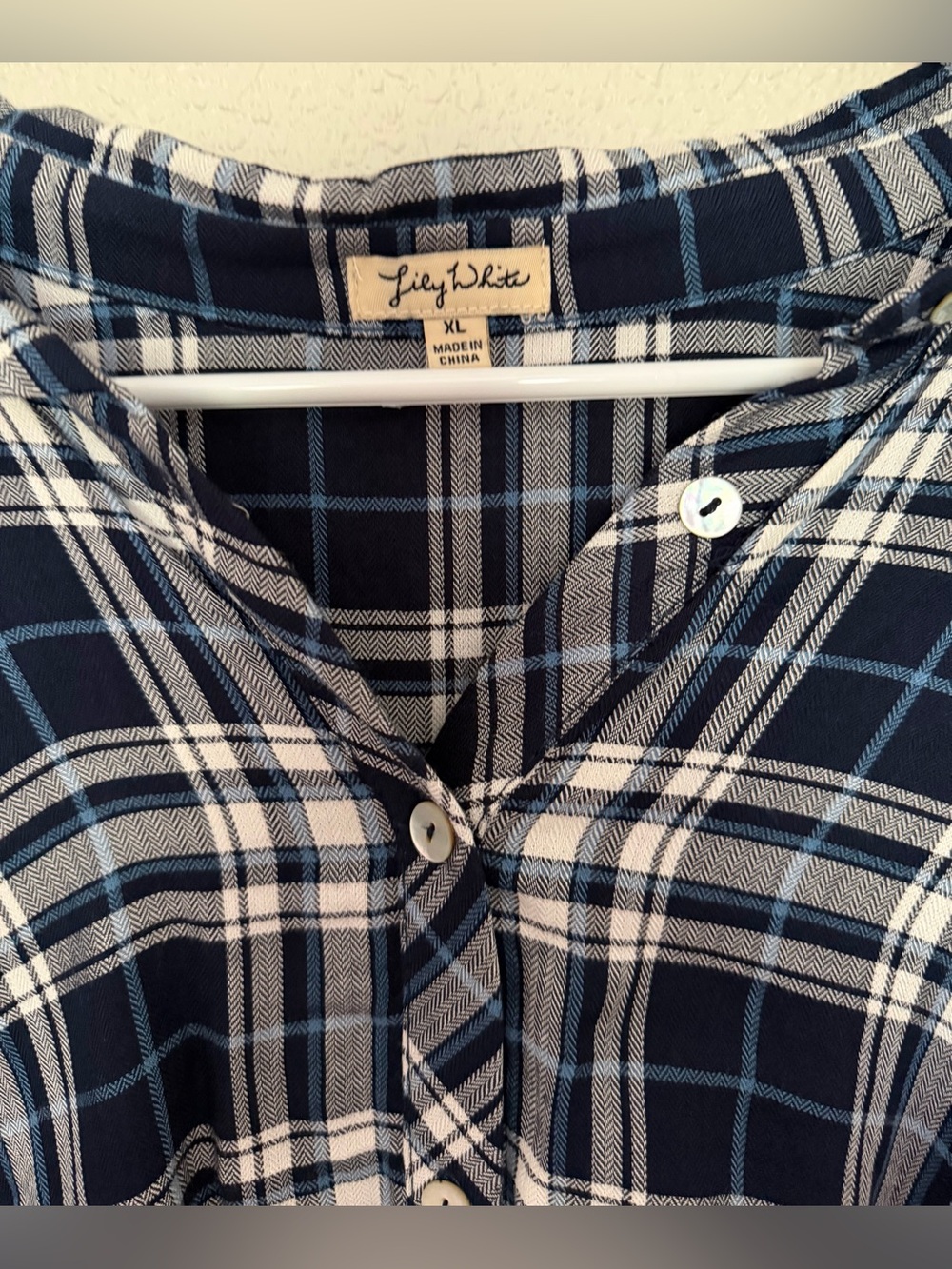 Lily White Navy, White & Light Blue Plaid Button-Front High Low Shirt - Picture 2 of 9